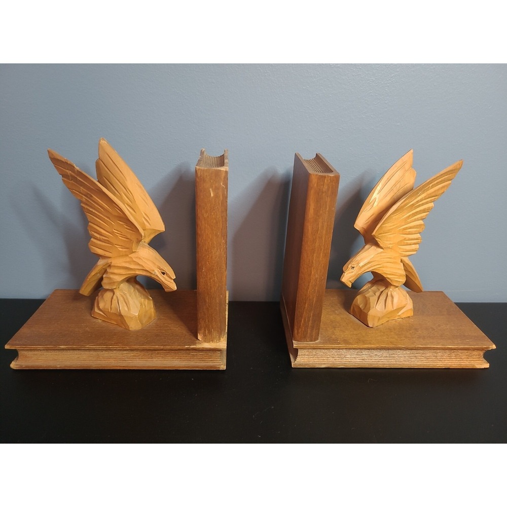 Pair‎ of Bird of Prey American Eagle Hand Carved Wood Vintage Bookends